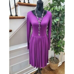 Auselily Women's Purple Rayon Round Neck Long Sleeve Knee Length Dress Size M